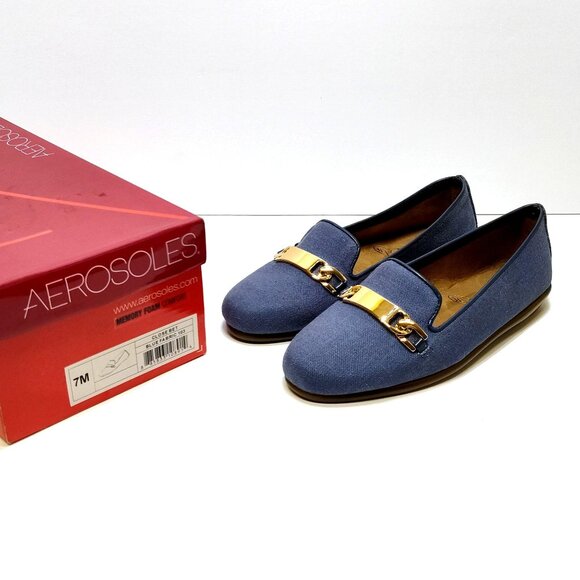 Aerosoles Close Bet Blue Fabric 103 Loafers 7M Gold Chain Detail Memory Foam NIB - Picture 1 of 13